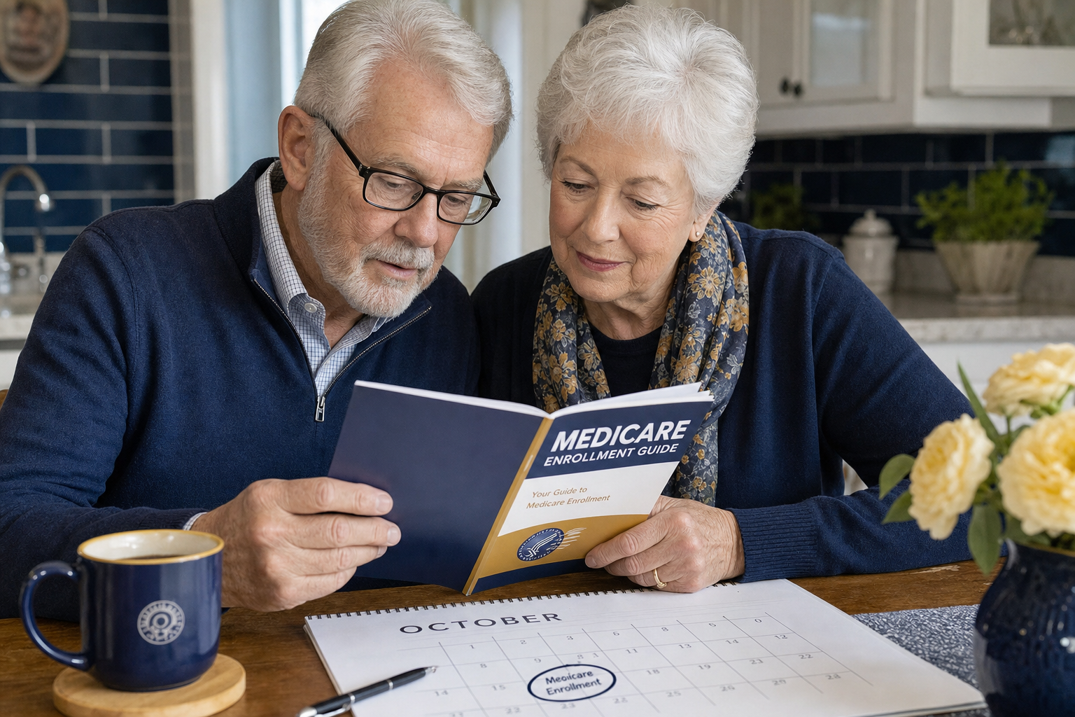Senior couple reviewing a Medicare enrollment guide and calendar together at their kitchen table