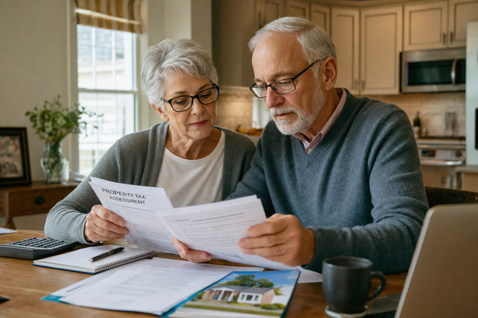 Mature couple reviewing a property tax assessment document together at their kitchen table