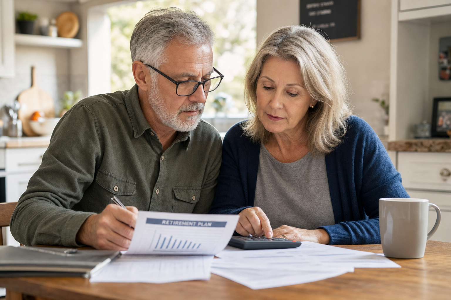 Mature couple reviewing a retirement plan and calculator together at their kitchen table
