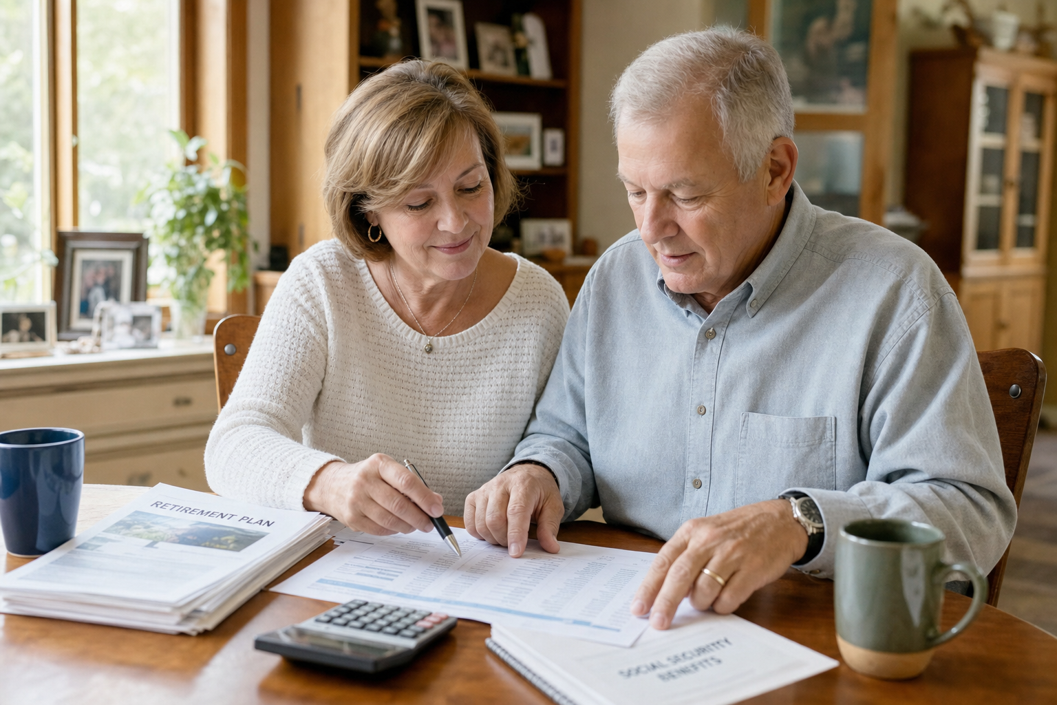 Mature couple reviewing a retirement plan and Social Security paperwork together at their kitchen table