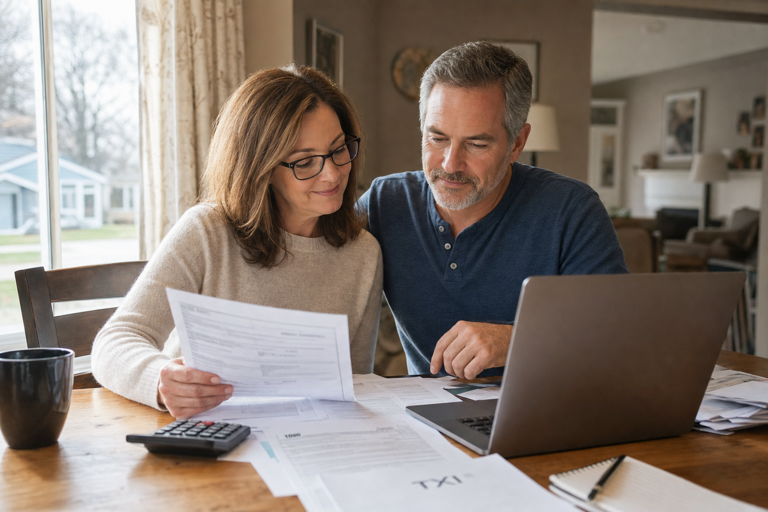 Mature couple reviewing retirement tax documents and a laptop together at their kitchen table