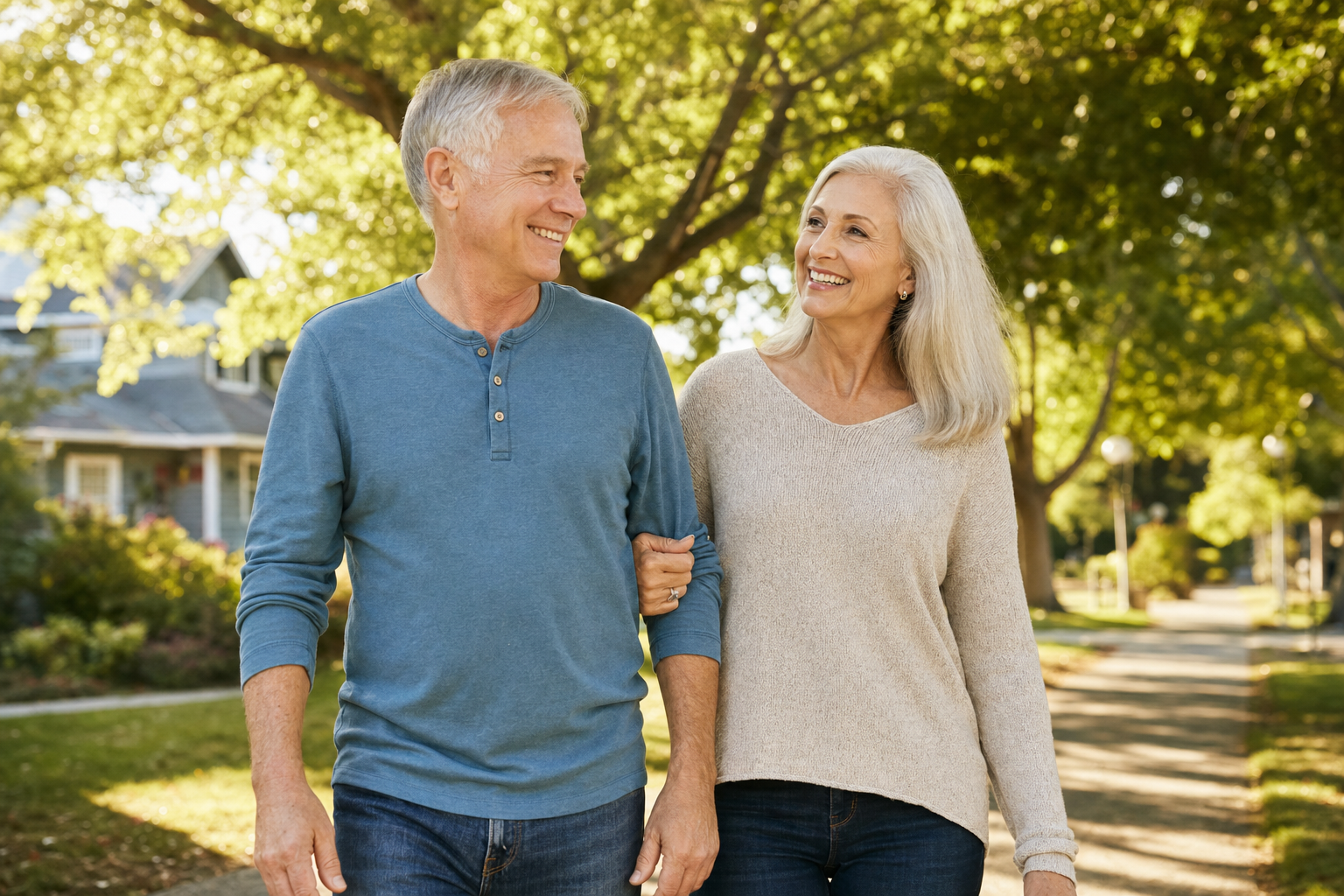 Happy retired couple walking together arm in arm along a sunny, tree-lined Edmond neighborhood street