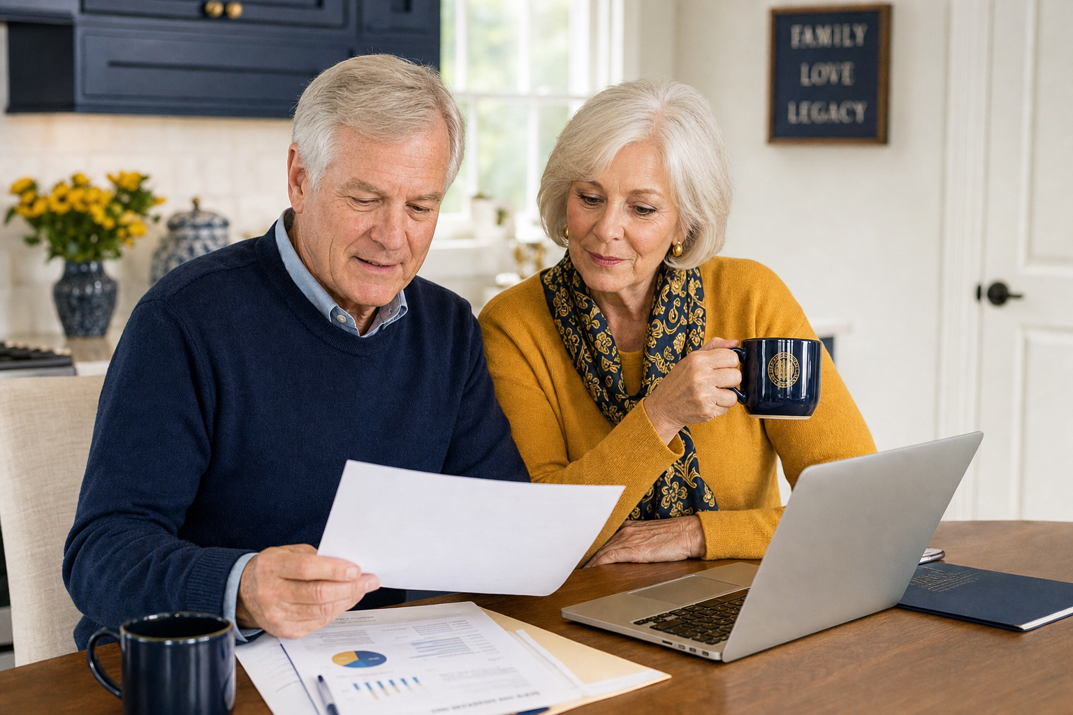 Mature couple reviewing retirement account paperwork and a laptop together at their kitchen table