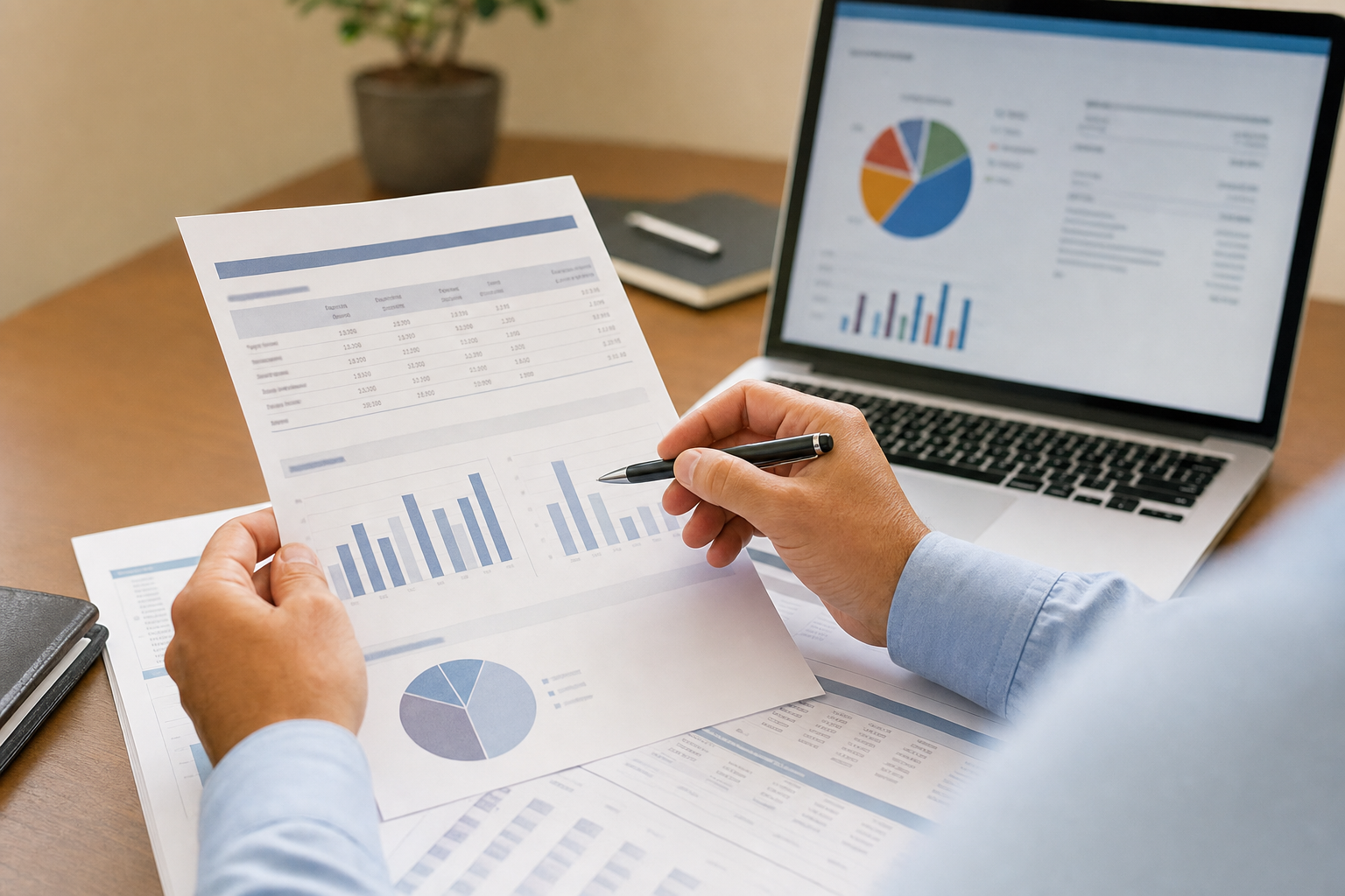 Close-up of hands reviewing retirement account statements and charts next to a laptop