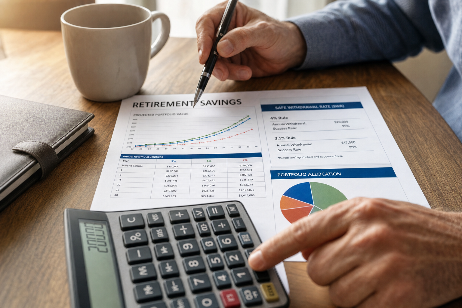 Close-up of hands reviewing retirement savings charts and a safe withdrawal rate calculation on a desk