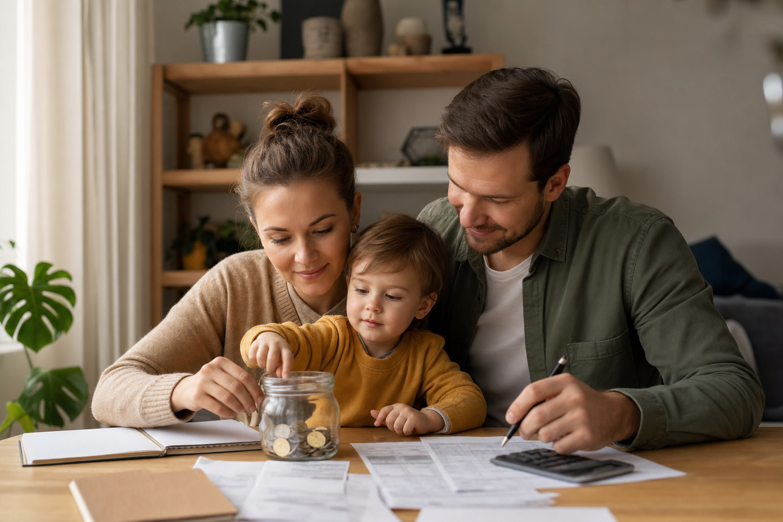 Parents and their toddler placing coins into a savings jar together at the kitchen table