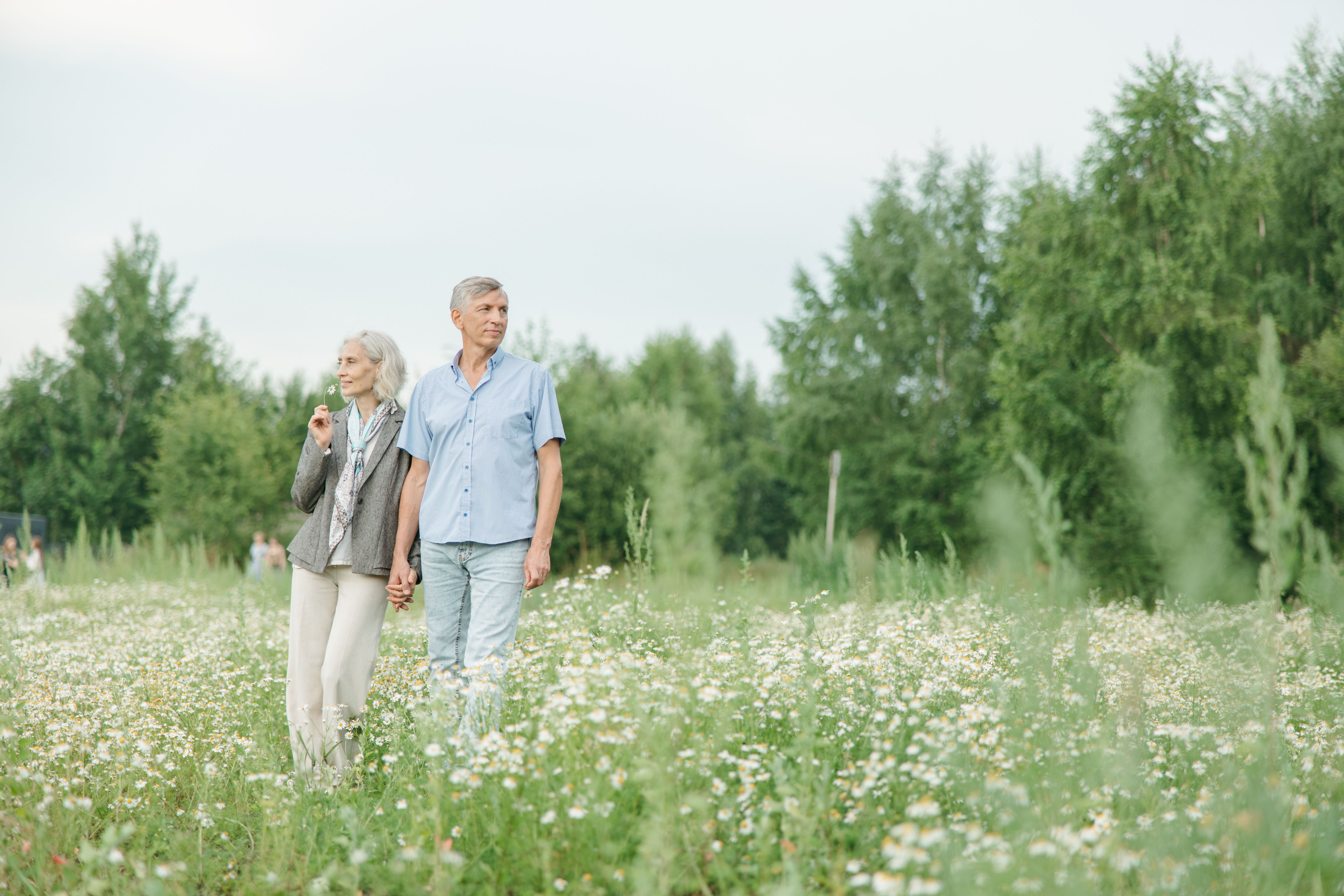 Mature retired couple walking hand-in-hand through a wildflower field, enjoying their retirement together